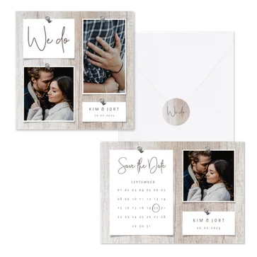 Trouwset fotocollage hout met foto's spijkers